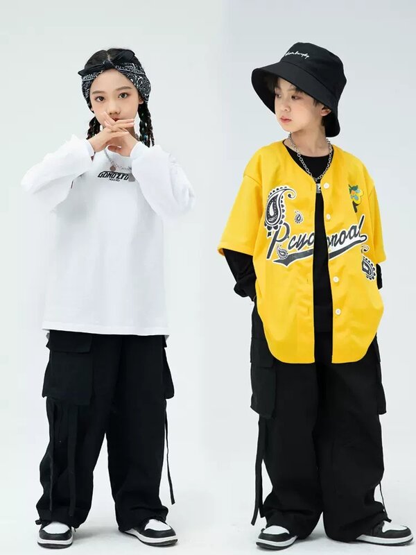 Hip hop streetwear meninas jazz dança traje amarelo camisa solta carga calças kpop outfit meninos rua dança prática wear ys4569