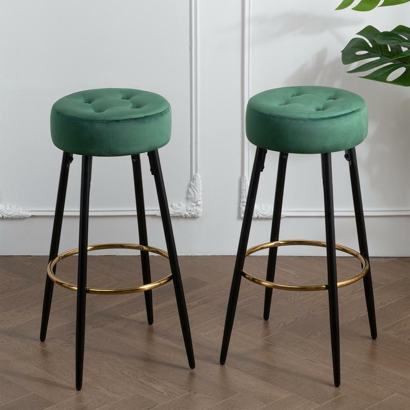 Modern Set of 2 Round 30"Backless Bar Stools,Upholstered Dining Chair Stool with Gold Footrest for Kitchen Island Coffee Pub Sh