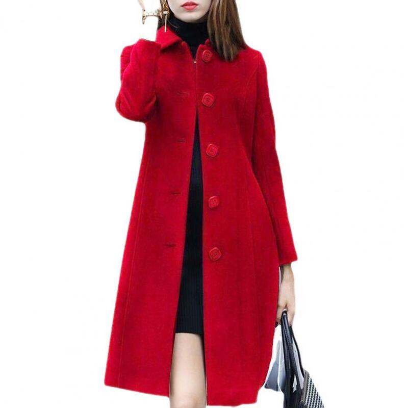 Winter Coat Women Jacket Mid-Length Single-Breasted Solid Color Turn-down Collar Elegant Cardigan Warm Lapel Winter Jacket