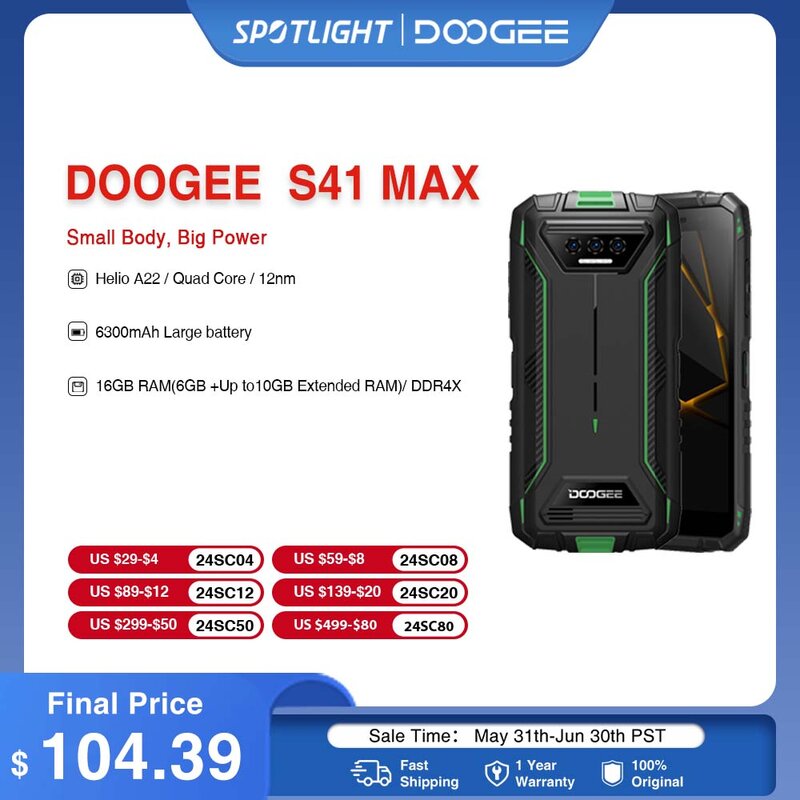 Телефон DOOGEE S41 Max защищенный, 5,5 дюйма, IPS HD, 13 МП, ии Тройная камера, 16 ГБ ОЗУ + 256 Гб ПЗУ, четырехъядерный, 6300 мАч, Android 13