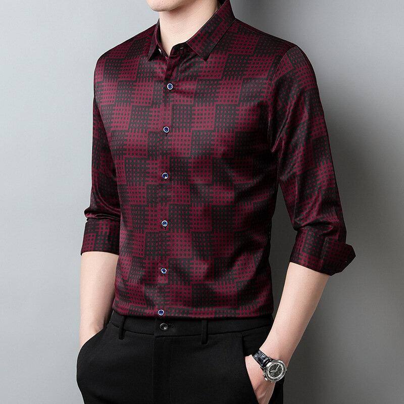 Spring and Summer New Men's Long Sleeve Shirts Middle Aged Man Fashion Office Shirt Lapel Slim Plaid Shirt Personality Men Tops