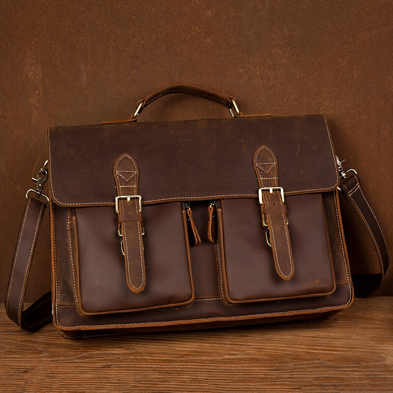 Портфель мужской из кожи Крейзи Хорс, винтажная вместительная сумка для ноутбука 15 дюймов, ручная работа, деловой чемоданчик