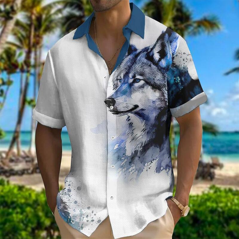Leão estilo clássico masculino camisa de flor havaiana, vestido casual retrô social masculino slim fit, blusa floral masculina, estampa 3D, solta, verão