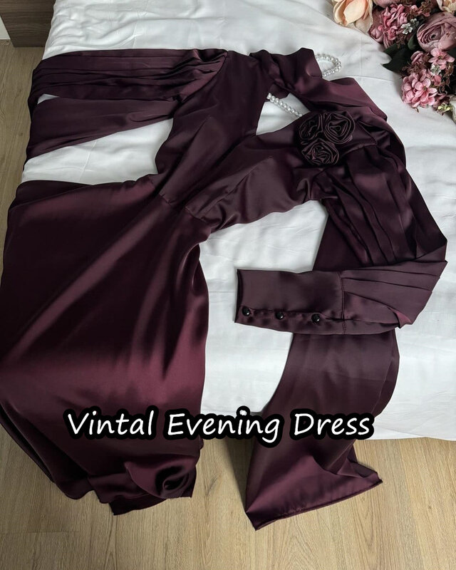 Vestido de noite acetinado com decote em v para mulheres, comprimento do chão, babado linha A, elegante sem encosto, sutiã embutido, mangas compridas da Arábia Saudita, árabe