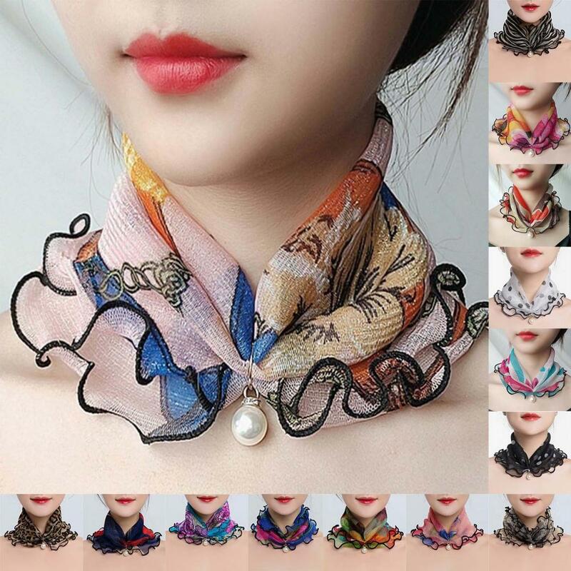Ladies Gold Silk Scarf With Pearl Decor Scarf Wood Ears Lace Variety Scarf Fashion Square Scarf Multifunctional Silk Scarf