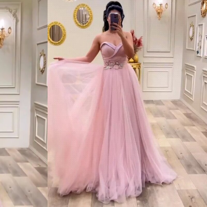 Tulle Applique Pleat Evening A-line Sweetheart Bespoke Occasion Gown Long Dresses
