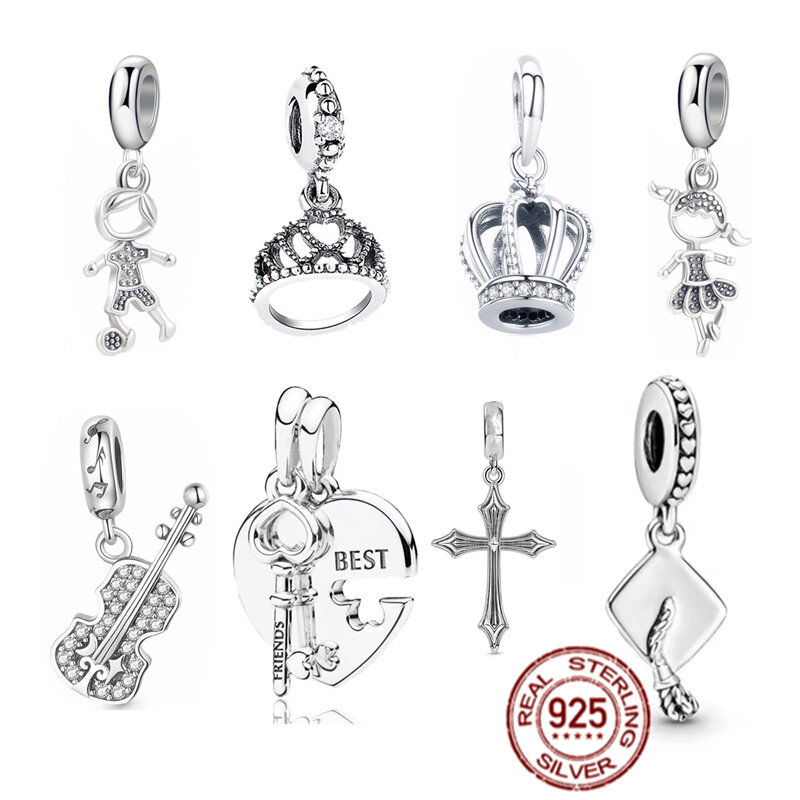 Colgante de corona, Cruz y violín para mujer, abalorio colgante de plata de ley 925, regalo de joyería, compatible con pulsera Pandora Original