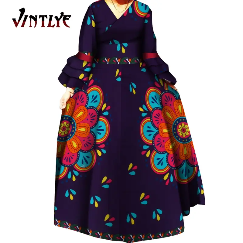 Vestidos largos africanos para mujer, estampado Ankara, drapeado, recto, Bazin Riche, chal, moda Dashiki, ropa para mujer Wy5975