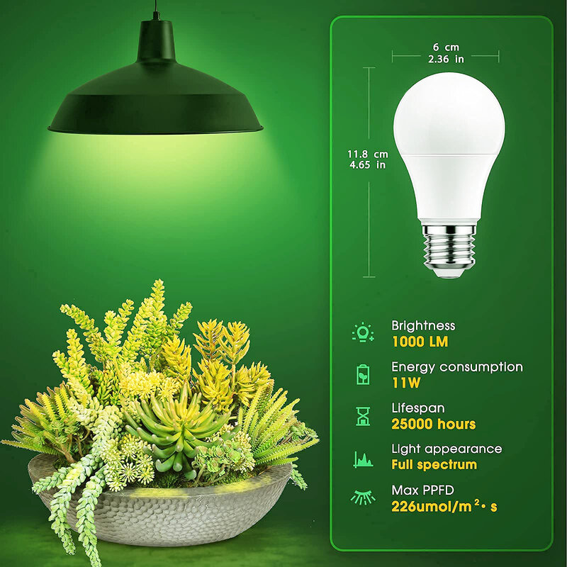 Bombilla LED de espectro completo para cultivo de plantas de interior, Base E26, 11W, equivalente a 100W, a partir de semillas, A19