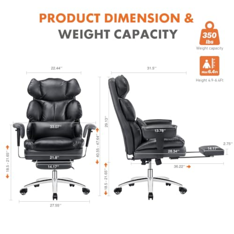 Home Office High Back Reclining Desk Chair with Footrest,Big and Tall Adjustable Height PU Leather Executive Computer Task Chair
