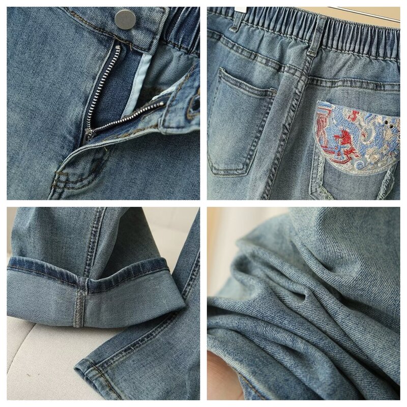 Wiosenne i jesienne dżinsy z prostymi nogawkami Kobiety 2024 Nowy Plus Size Chiński styl Haft Wysoka talia Casualowe spodnie pełnej długości
