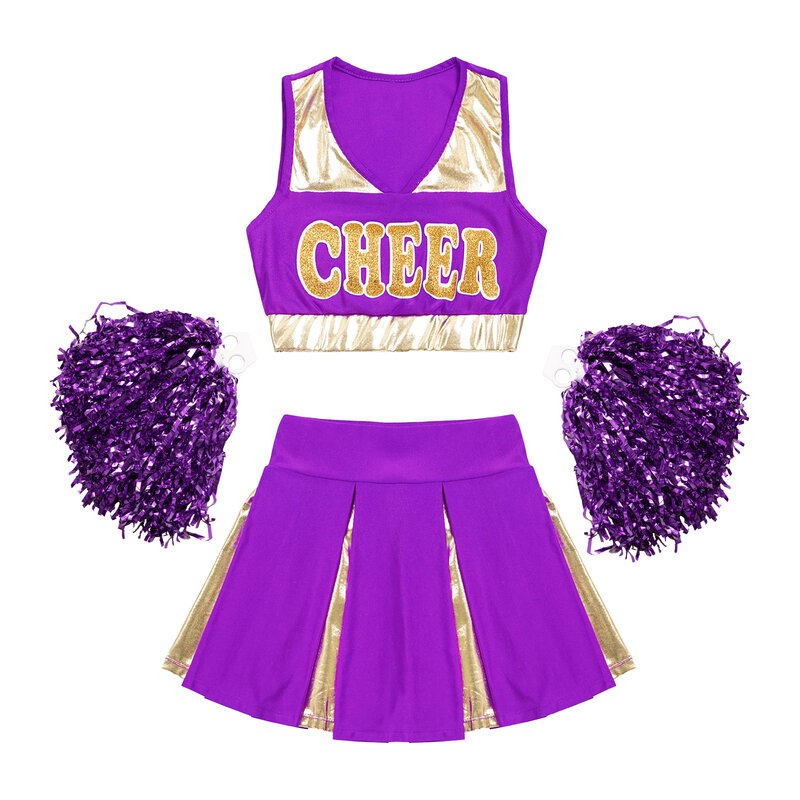 Kids Girls Cheerleading Dance Costume Sleeveless V Neckline Letters Printed Crop Top with Pleated Skirt and 2Pcs Flower Balls