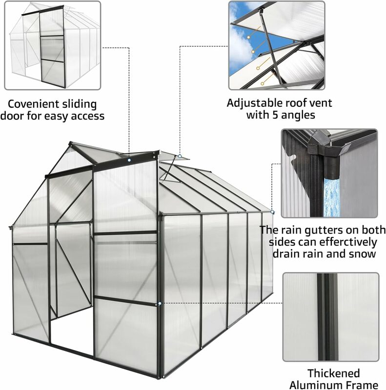 슬라이딩 문짝 및 조절식 통풍구 창이 있는 하이브리드 폴리카보네이트 온실, 워크 인 취미, 알루미늄 헤비 듀티 핫 하우스, 6x10 FT