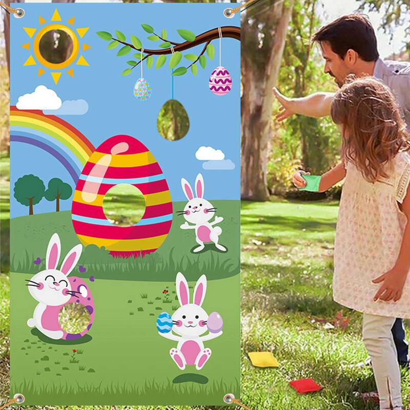 علم لعبة رمي الأرنب في عيد الفصح ، لافتة تحت عنوان الأرنب ، ألعاب الأطفال ، حقيبة الفول ، حفلة الكرنفال
