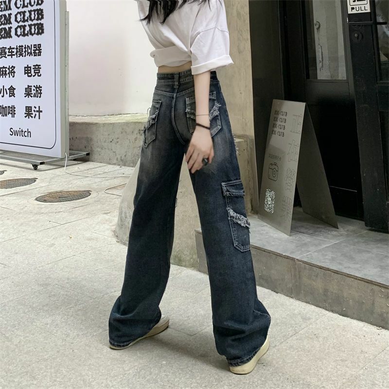 Женские винтажные мешковатые джинсы-карго Y2K, уличные прямые широкие брюки с завышенной талией, джинсовые брюки, одежда для гранжа и альта