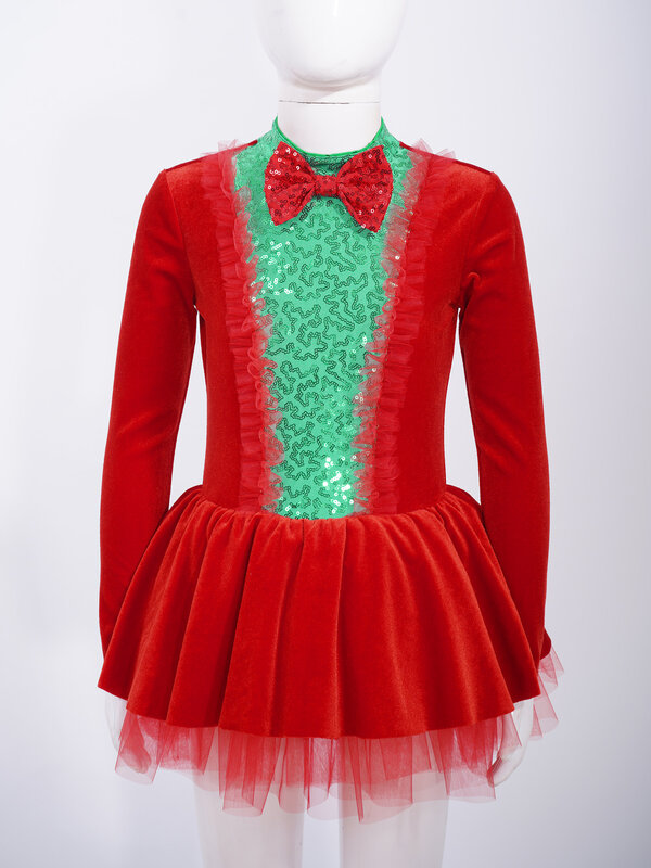 Kids Girls Christmas Dance Tutu Dress Long Sleeve Sequin Velvet Skating Dress Xmas Cosplay Party Costume Performance Dancewear