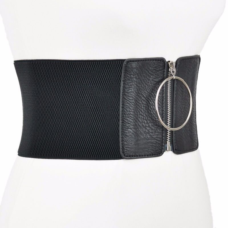 Damen kleid super breiter Gürtel großer Metallring schwarz elastische Damenmode für