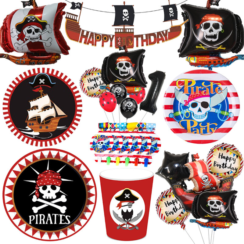 Vajilla desechable con temática de dibujos animados de pirata rojo, platos de papel, vasos, globos de cumpleaños para niños, suministros de decoración para Baby Shower