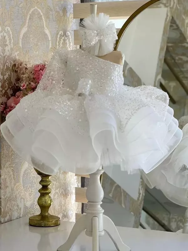 Luxury Child Girl Wedding Dress White Beadings Party Dresses Beads Tiered Tulle Sleeves Puffy Flower Girl Dresses For Weddings