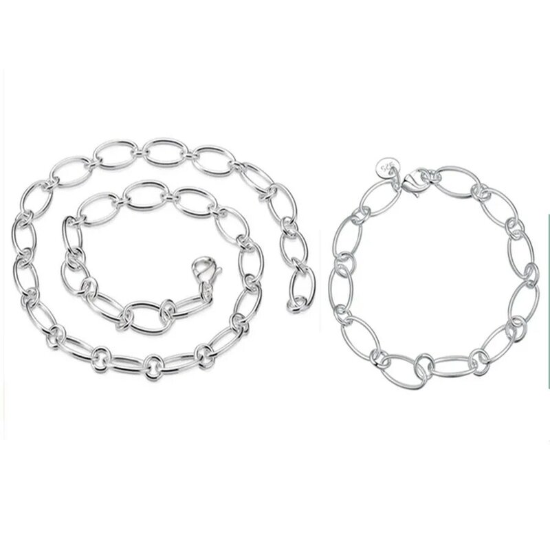 Cadena chapada en plata para hombre y mujer, collar, pulseras, conjunto de joyería de color plateado, 45cm y 20cm