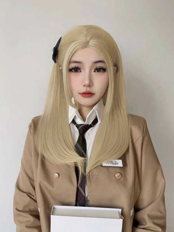 24Inch Blonde Golden Lolita Preppy Style Synthetic Wigs Middle Part Long Straight Hair Wig for Women Daily Use Heat Resistant