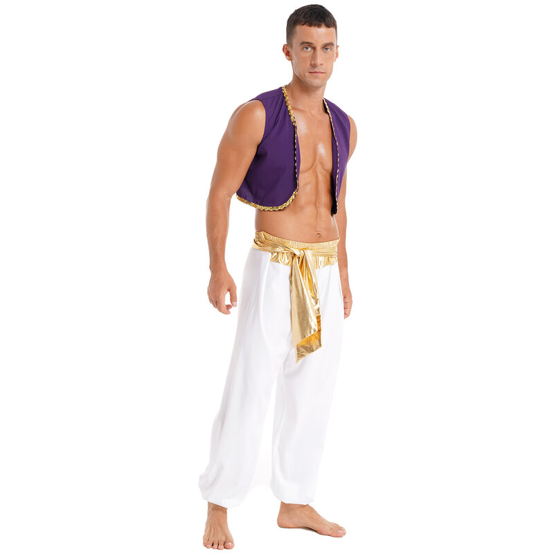 Aladin Príncipe árabe Traje de Cosplay Masculino, Colete de Vestir, Calças Harem Top, Festa Temática do Dia das Bruxas, Estágio Carnaval Dançarino