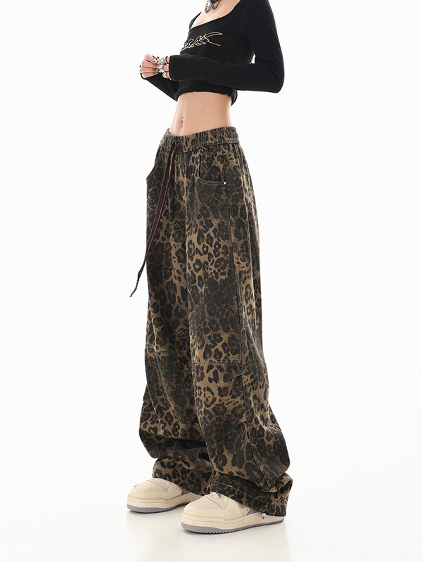 Джинсы женские Мешковатые с леопардовым принтом, повседневные брюки из денима с широкими штанинами, модная уличная одежда, прямые джинсы в стиле ретро, Y2k, 2024