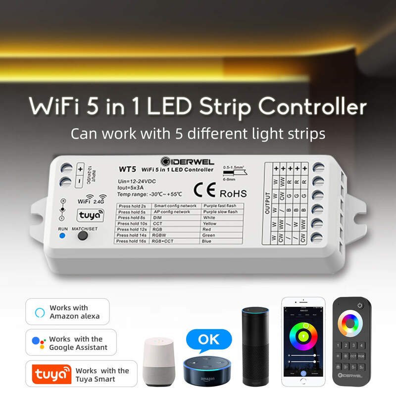 Wifi led rgbcctライトストリップ5で1調光コントローラチュウヤalexa音声曇り2.4 2.4g rfリモコンWT5で動作alexa 12v/24v