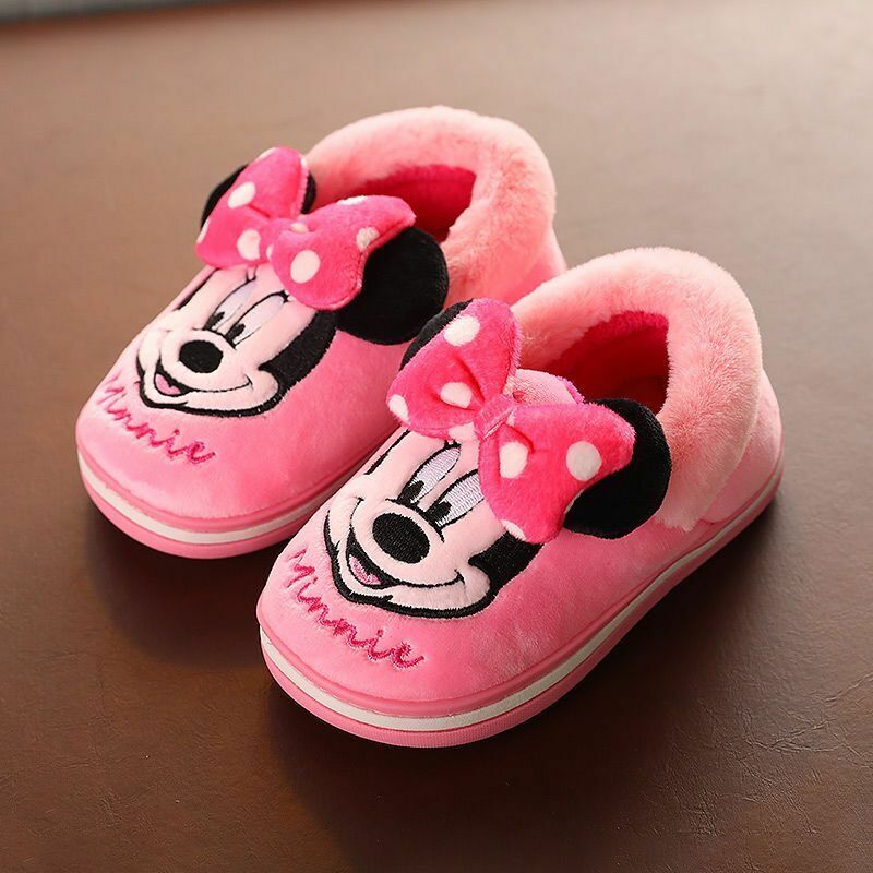 เด็กรองเท้าแตะของ Disney ฤดูหนาวการ์ตูนเด็กหญิงเด็กชาย Mickey Minnie ลื่นในร่มรองเท้าเด็กผ้าฝ้ายสำหรับเด็กขนาด15-21ซม.