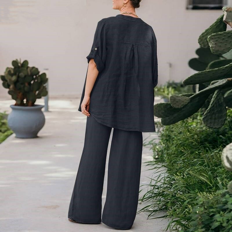 Summer Fashion Cotton and Hemp Two Piece Set Women Casual Solid Round Neck Shirt Wide Leg Pants Loose Two Piece Set Women