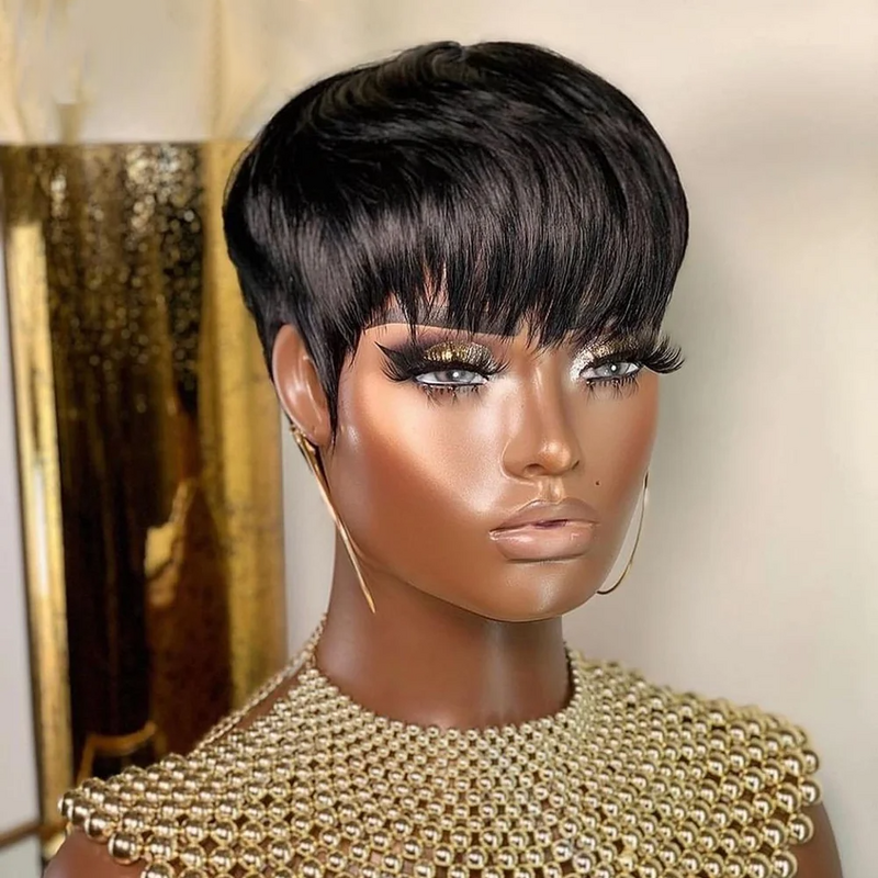Pelucas de cabello humano para mujeres negras, pelo corto recto con corte Pixie, hecho a máquina con flequillo, sin pegamento, barato