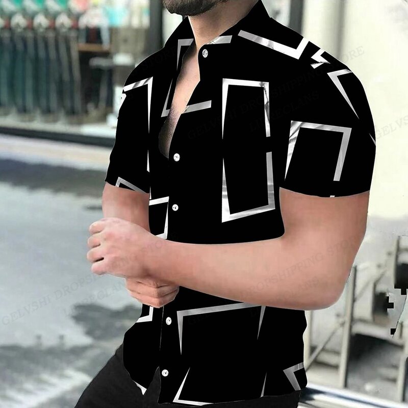 기하학적 3D 프린트 비치 셔츠, 반팔 하와이안 셔츠, 남성용 블라우스, 그래픽 셔츠, 쿠바 카미사 남성 의류