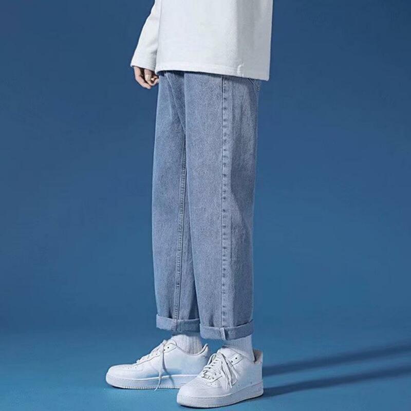 Calça jeans de perna larga masculina, calça bolsos mosca, jeans casual com ajuste solto, streetwear longo, zíper, visual elegante