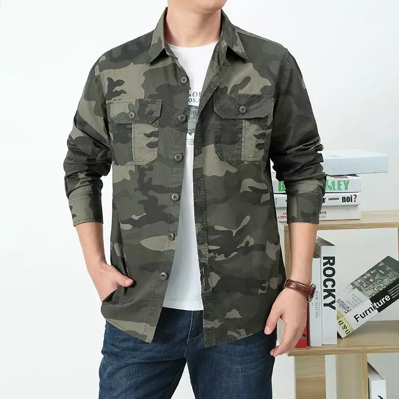 Men's Cotton Shirt Long-sleeved Spring and Autumn New Work Clothes Loose Casual Camouflage Coat Large Size MLXL2XL3XL4XL5XL