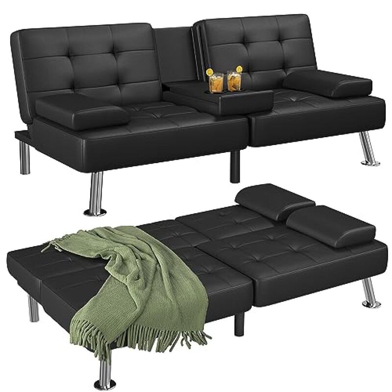 A! Futon Sofa Bed Modern Faux Leather Couch, Convertible Folding Futon Couch Recliner Lounge for Living Room with 2 Cup