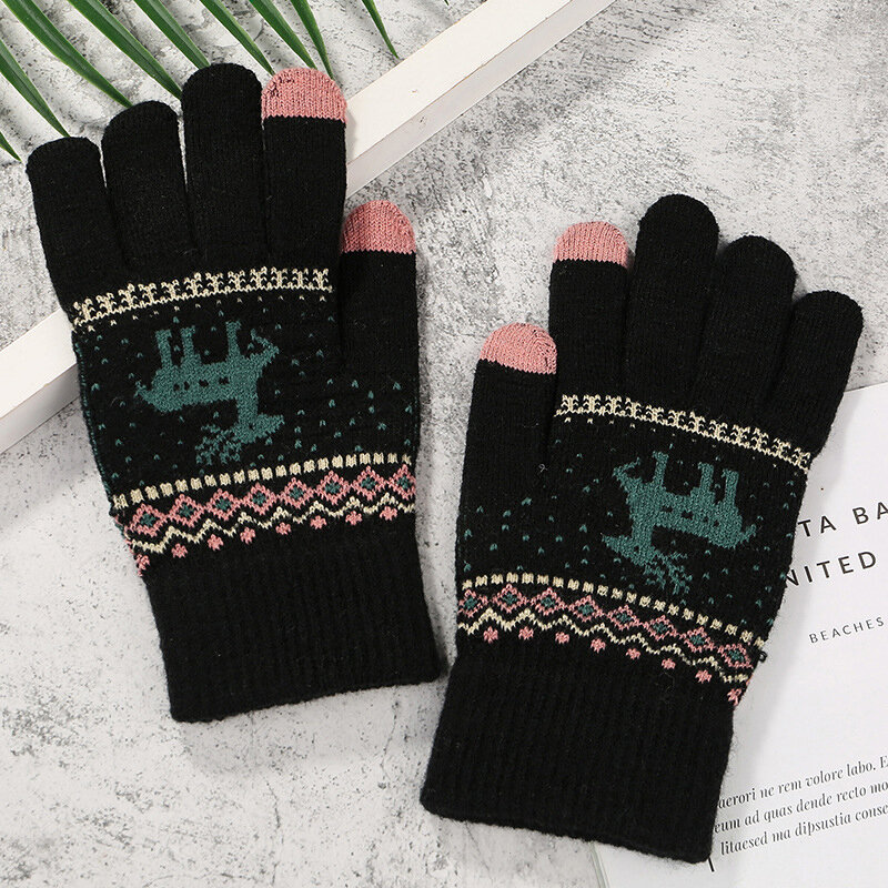 Зимние теплые вязаные перчатки для мужчин и женщин, вязаные крючком уплотненные перчатки с оленем для сенсорного экрана, искусственная шерсть