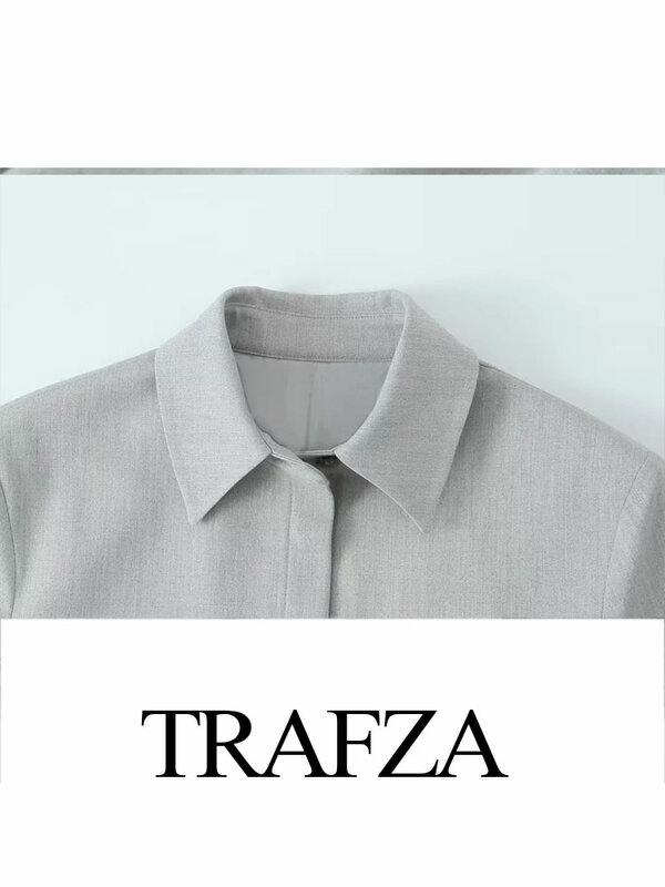 TRAFZA 용수철 여성용 긴팔 히든 단추 짧은 재킷, 캐쥬얼 상의, 패치 포켓이 있는 시크한 짧은 재킷
