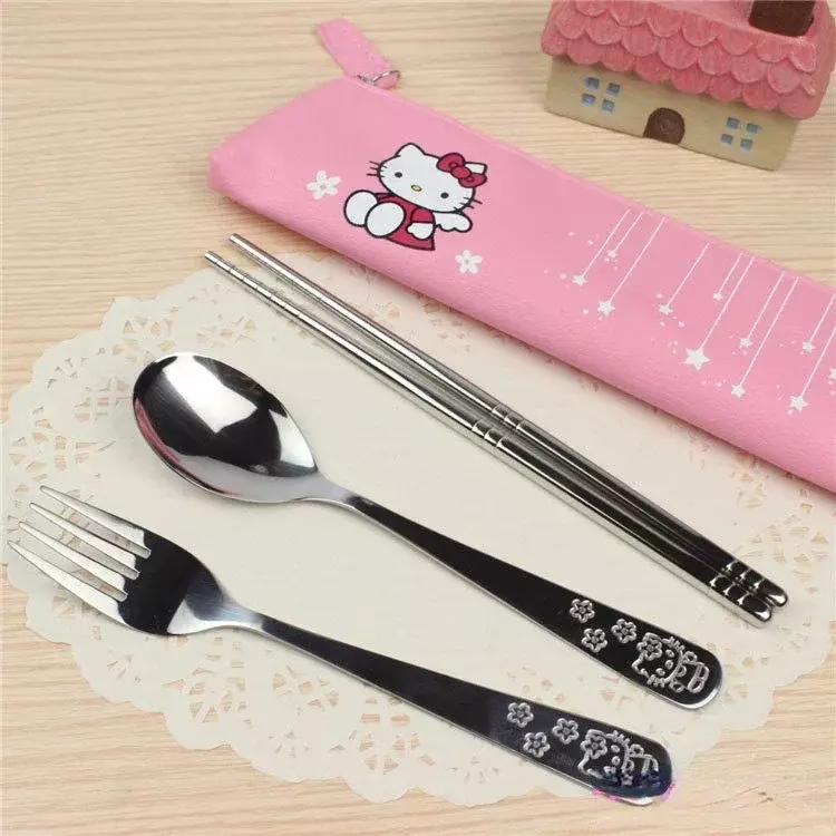 Sanrioed słodkie HelloKittys dzieci zestaw stołowy Anime kreskówka potrawy dla dzieci łyżka metalowa widelec pałeczki Kawaii zastawa stołowa prezent dla dzieci
