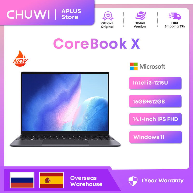 CHUWI CoreBook X Laptop Gaming, Laptop 14.1 inci FHD layar IPS RAM 16GB SSD 512GB Intel i3-1215U enam Core WIFI6 Windows11
