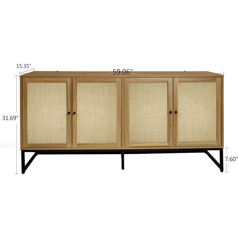 Modern Sideboard Cabinet, Accent Storage Cabinet with Rattan Doors and Adjustable Shelves,Freestanding Sideboard Storage Cabinet