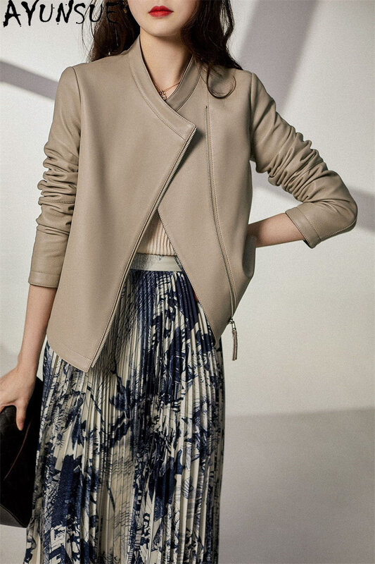 AYUNSUE-Jaqueta de pele de carneiro para mulheres, gola em pé, casaco fino, streetwear elegante, couro verdadeiro, 2023