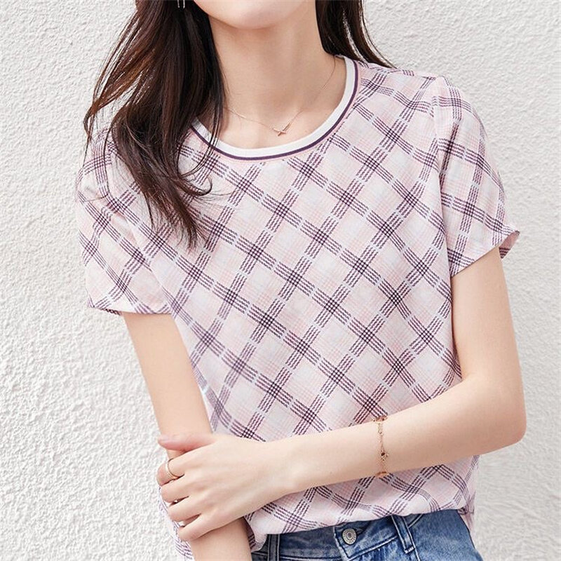 Blusa informal de manga corta para mujer, camisa con cuello redondo y estampado a cuadros, estilo primavera y verano, ZZ1831