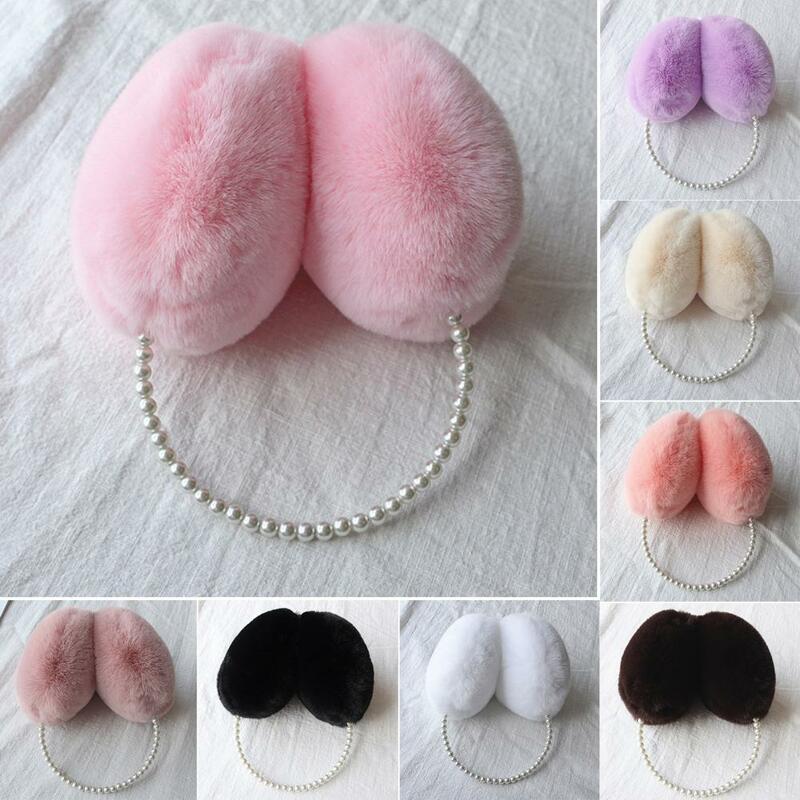 Winter Earmuffs Soft Furry Earmuffs for Girls Women Cute Plush Winter Ear Warmers with Faux Pearls Foldable Outdoor for Weather