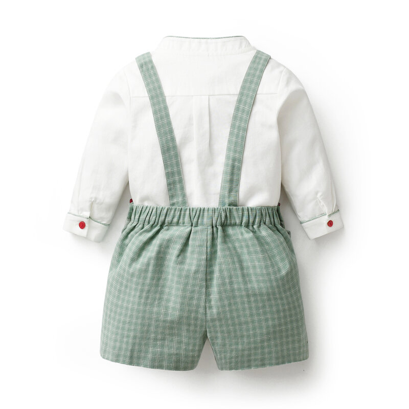 스페인 소년 옷 한 벌 아기 신사, 키즈 코튼 긴 소매 셔츠, 격자 무늬 반바지, 패션 의상, 유아 가을 외투, 2 개 세트