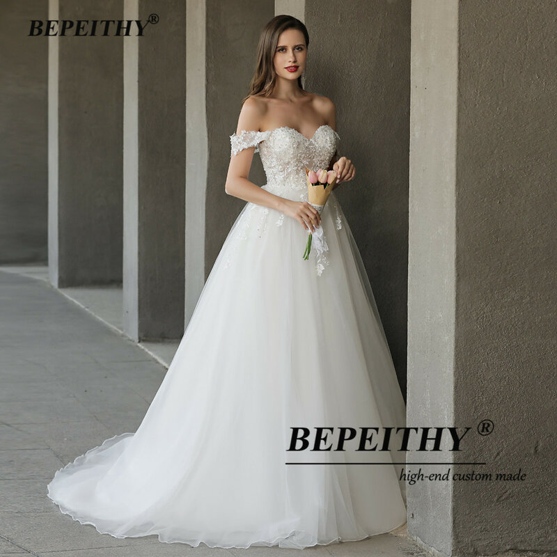 BEPEITHY-vestidos de novia sin mangas para mujer, traje bohemio de talla grande con hombros descubiertos, encaje, Playa