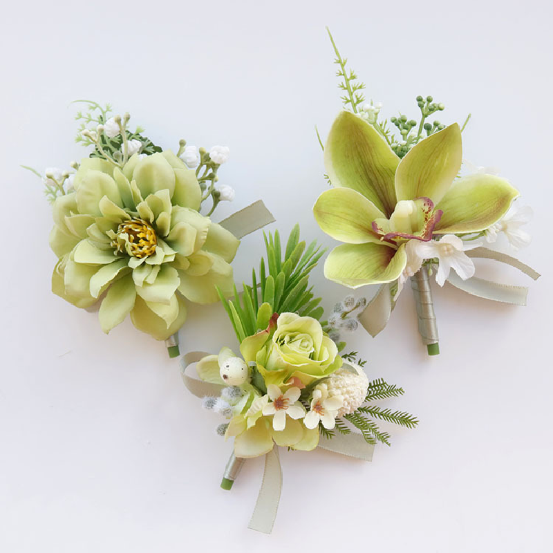 Boutonniere And Wrist Corsage Wedding Supplies Banquet Guests Simulated Flowers Groom and Bride Hand Flowers Green 534
