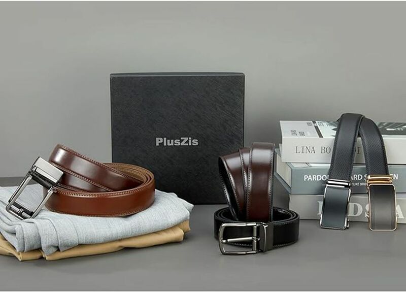 PlusZis-cinto de catraca de couro masculino com fivela automática, vestido de negócios, preto, marrom, Two Pack, fashion