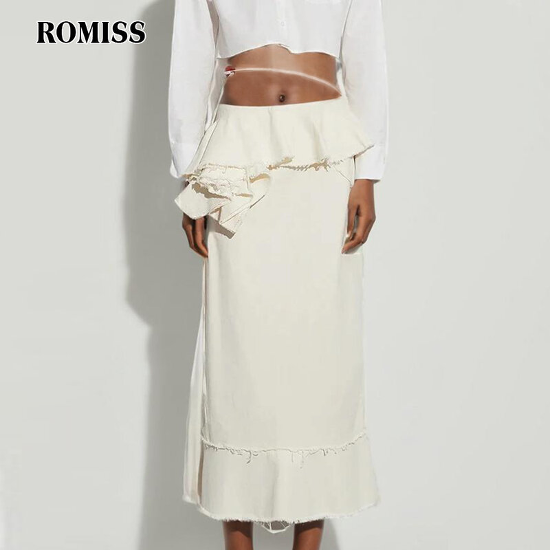 ROMISS Solid Patchwork Ruffle Casual Skirt For Women High Waist Spliced Lace Up Minimalist Female Fashion Clothes New