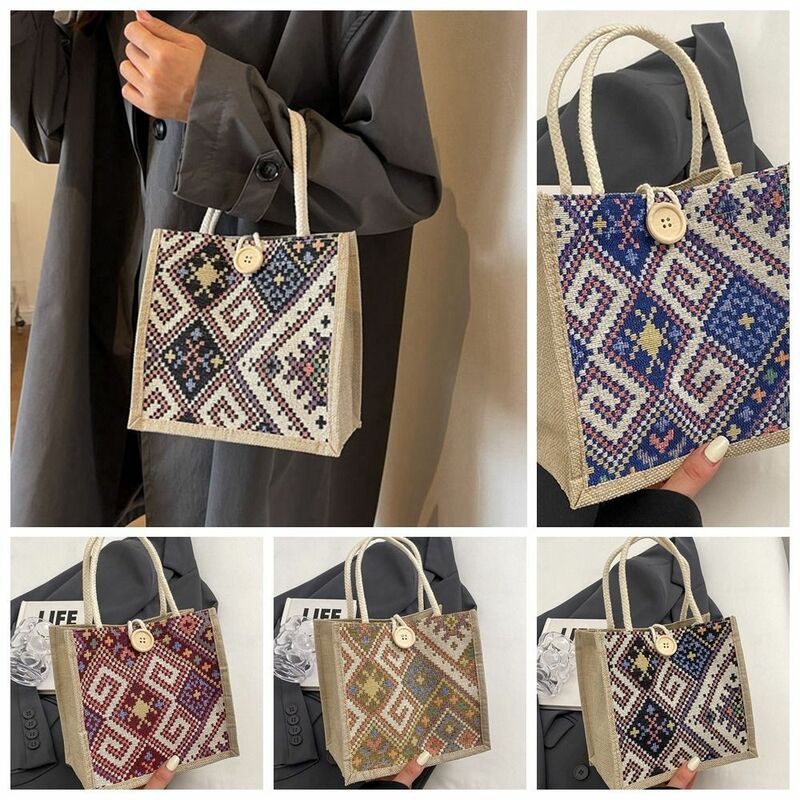 Stampa borsa in tela in stile etnico borsa in lino con ricamo di grande capacità borsa per mamma borsa per il pranzo in tessuto con stampa borsa per il pranzo femminile/ragazze