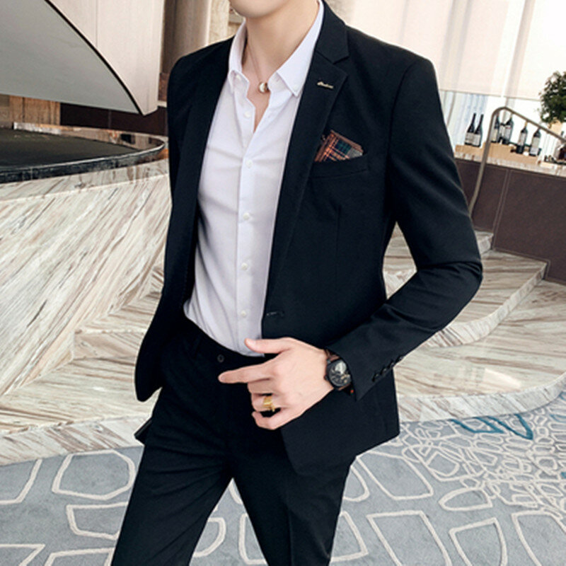 (Giacca + pantaloni) moda uomo colore puro per il tempo libero abiti grigio blu nero Slim Fit uomo Business banchetto vestito Set Plus Size 6XL 7XL